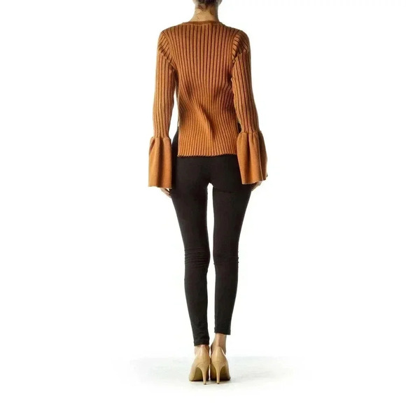 Few Moda Ribbed Bell Sleeve Sweater Blouse Brown Small - Picture 2 of 11